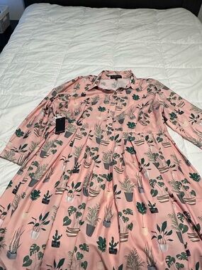 Pink Plant Print Button-Front Dress